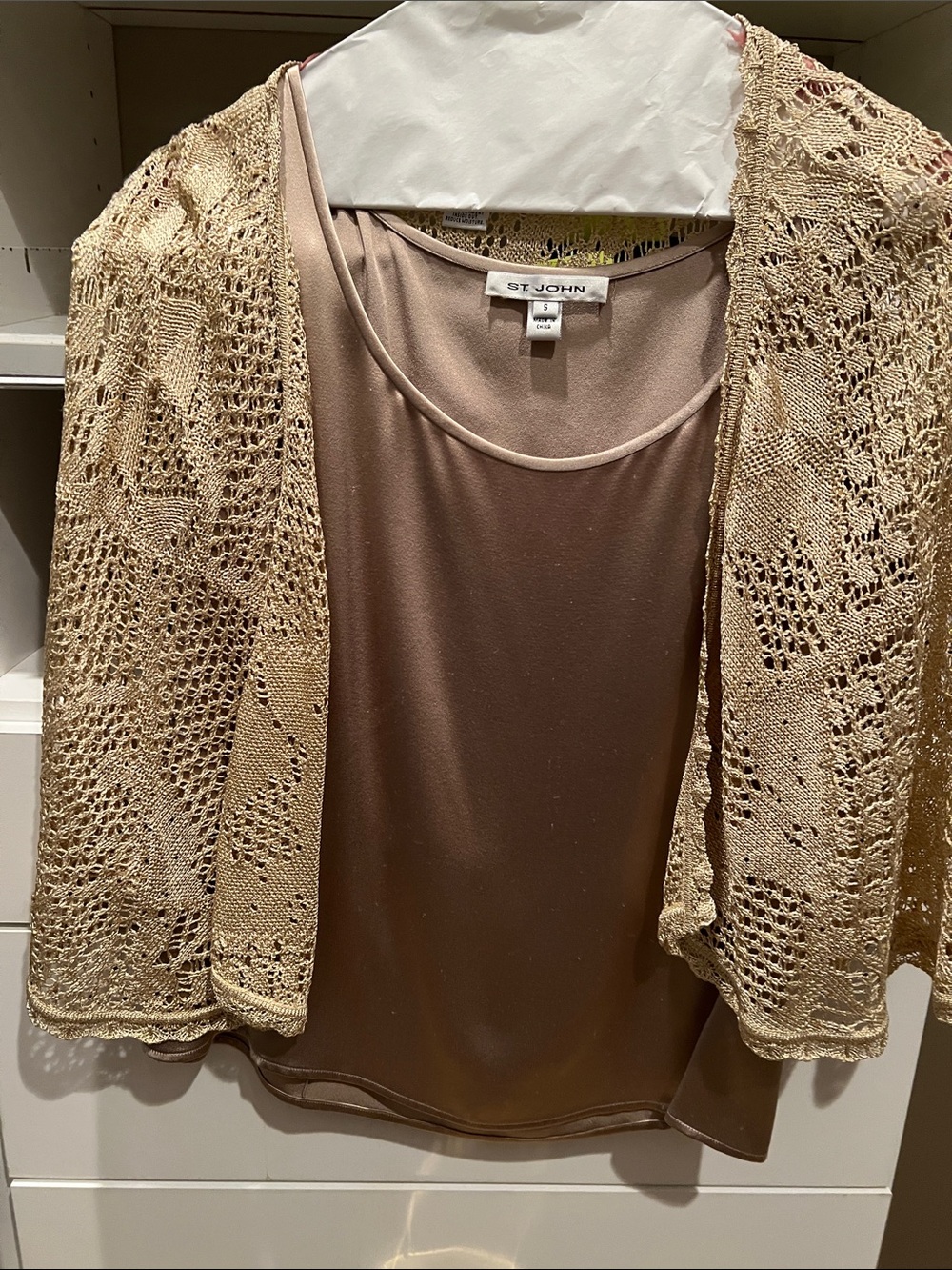 Vintage 2000 St. John Cream Crochet Shrug with Taupe Shell Tank